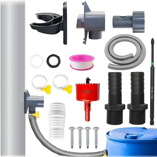 Regenwassersammler Fallrohr 70-110mm mit 1m Schlauch, Regensammler Verbinder Set mit Montagezubehör, Regentonnen Anschluss, Regenwassersammler Fallrohr für Dächer bis 80 m²