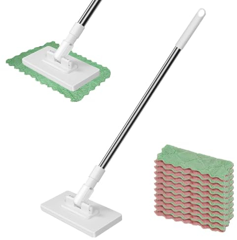 11pcs Snap Grip Mini Mop, Hands Free Lazy Mop with 10 Reusable Cloths | Plastic & Microfiber, Wet/Dry Floor Cleaning for Kitchen/Bathroom/Hardwood/Tile