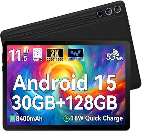 MUISOO 11.5 inch Tablet, Tablet Android 15, 2K Display Octa-Core 30GB RAM+128GB ROM (1TB TF) 8400mAh 5G WiFi 8MP+13MP Camera Widevine L1 BT5.0 Face ID Quick Charge Tablets Pad PC