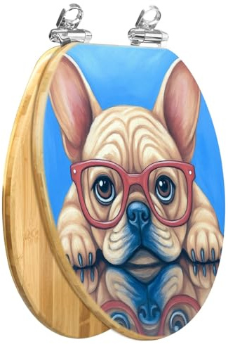 Länglicher WC-Sitz aus Holz mit lustiger roter reflektierender Oberfläche in Form einer französischen Bulldogge, sanftem und leisem Absenkmechanismus, Schnellverschluss-Scharnieren sowie lei
