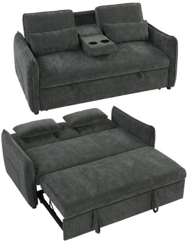 HOMCOM Sofá Cama 2 Plazas 3 en 1 Mesa Auxiliar 2 Almohadas Gris Oscuro | Sofá Cama de Chenilla, Portavasos, Respaldo Ajustable, Bolsillos Laterales, Sala de Estar, Espacios Pequeños