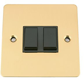 Light Switch 2 Gang - Polished Brass Flat - Black Insert Plastic Switch - 10 Amp Double 2 Gang 2 Way