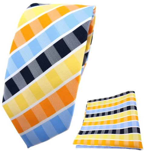TigerTie - schmale Designer Krawatte Designer Einstecktuch in gelb orange blau hellblau weiß gestreift