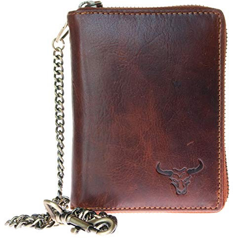 FLW Cerniera portafoglio biker in solo vera pelle resistente con toro con catena in metallo