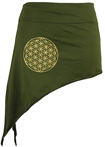 GURU SHOP Pixi Zipfelrock mit Goldenem `Flower of Life` Mandala, Damen, Olive, Baumwolle, Size:38