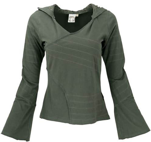 GURU SHOP Elfen Hoody, Langarmshirt, Kapuzenpullover Flower of Life | Stylischer Hoody, 100% Baumwolle, Slim Fit, lange Zipfelkapuze, Ziernähte, hinten länger geschnitten, Damen