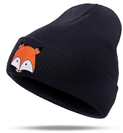 EROSPA® Warme Kinder-Winter-Mütze - Fuchsmotiv - Jungen (5-12 Jahre) (Schwarz)