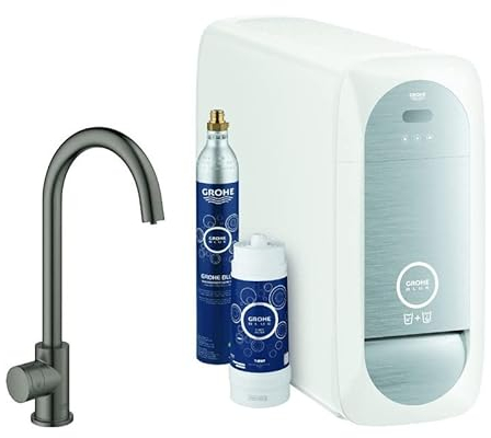 Grohe Blue Home Mono C-spout Starter Kit 31498 Rubinetto Mono con Funzione di Filtro, con radiatore e WiFi, colorazione: Grafite Dura Spazzolata - 31498AL1