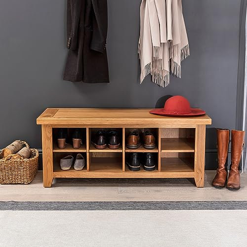 The Furniture Market Cheshire Oak Hallway Shoe Storage Bench - Natural Oak Finish, Adjustable Shelves, Stylish Design, Ideal for Hallway or Boot Room, No Assembly Required - H 510 x W 1180 x D 430mm