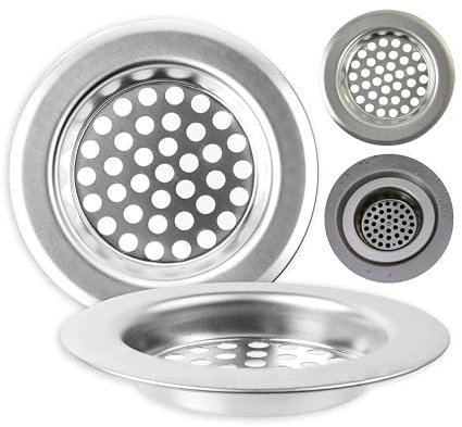 Abflusssieb aus Edelstahl, 3 Stück, Ø 76 mm außen, 52 mm innen, ragt 10,5 mm in Ausguss, Ablaufsieb für Küchenspüle, Waschbecken, Duschwanne, Badewanne, Haarsieb und Essensreste Sieb, Haarfilter Korb