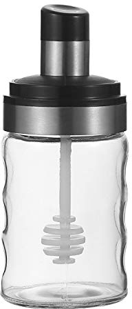 Miupoo Honey Jar with Spoon Cover,Wave Design Glass Honey Bottle with Silicone Stir Stick,Sealed Transparent of Honey Container,Honey Pot with Spoon Lid Design Moisture Proof Kitchen Supplies