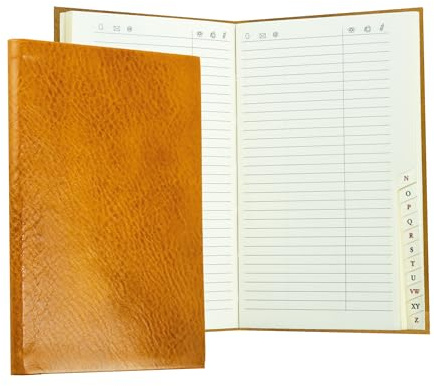 DELMON VARONE - Personalisierbares Adressbuch Pocket Format gebunden mit A-Z Register Vintage Leder braun - Telefonbuch klein mit Softcover Einband & alphabetischem Telefonregister