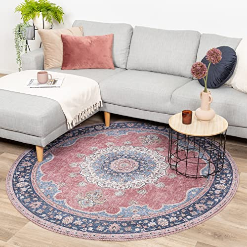 FRAAI | Home & Living Teppich Vintage Rund - Lily Medaillon Rot Rosa - Baumwolle, Polyester - Flachgewebe - Vintage - Wohnzimmer, Esszimmer, Schlafzimmer - Carpet