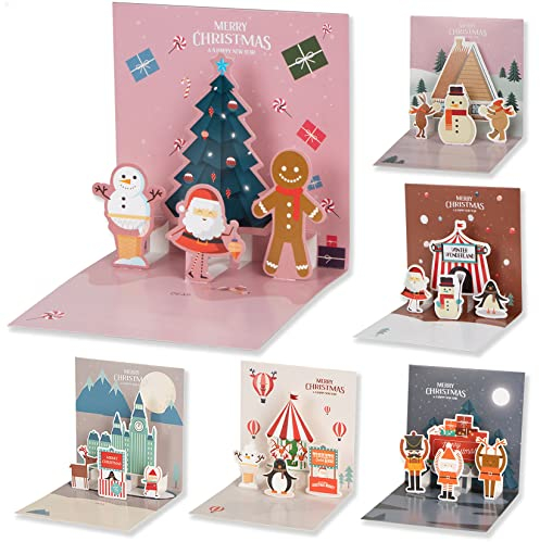 Sumairs 3D Weihnachtskarte Pop-Up Karte,6er-Pack 2025 Weihnachten 3D Grußkarte mit Umschlag,Premium Papier Pop-Up (Red)