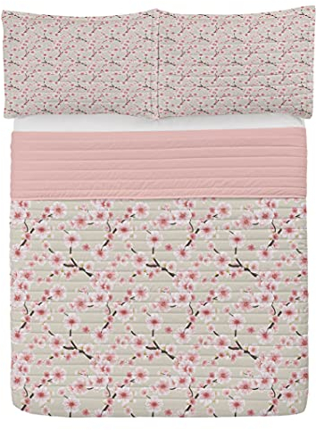 ABAKUHAUS Asiatisch Mikrofaser Tagesdecken Set, Flowering Cherry Blooms, weiches Bettwäscheset mit Kissenbezügen und Steppdecke, 220 cm x 220 cm, Beige Rose
