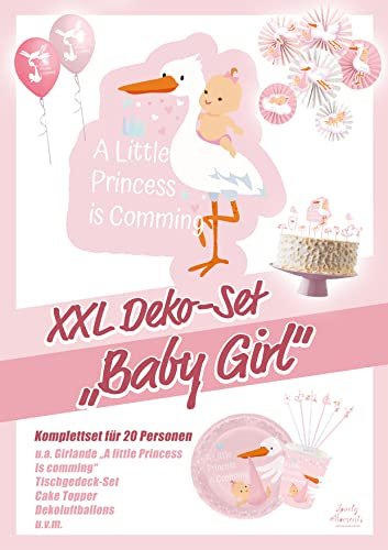 Lovely Moments Baby Party Dekoration Mädchen, XXL Deko Set Baby Shower Girl, A little princess is comming, Storch Ballons Girlanden Einweggeschirr Servietten Banner, Rosa, Pink, Weiß
