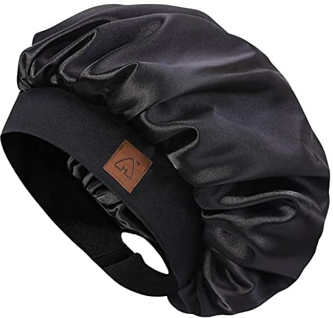 HAT HUT Schlafmütze aus Satin für Damen Herren, Seidenhaube Silk Bonnet Haarhaube, Verstellbares Breites Band, Doppellagig (Schwarz)