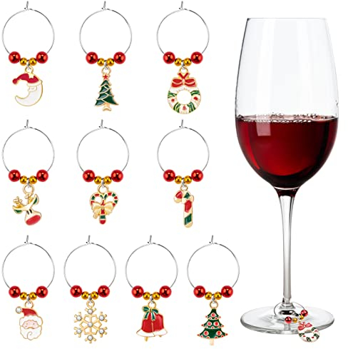 MELLIEX 10 Stücke Weihnachten Weinglas Charms Ringe, Weinglas Anhänger Charms,Wiederverwendbar Glasmarkierer, Sektgläser Weinglas Markers für Weihnachtsfeier und Stehtischdekoration