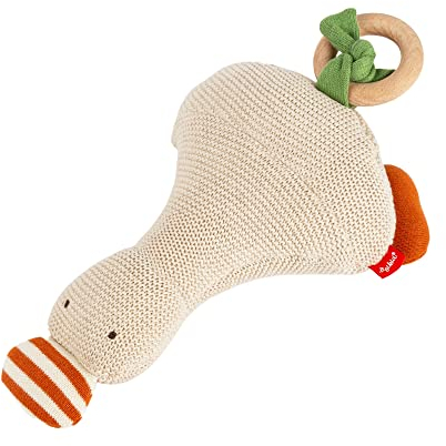 SIGIKID 39676 Strick-Greifling Gans Knitted Love, Babyspielzeug aus Baumwollstrick mit Holzring und Rassel, zum Greifen, Hören und Spielen für Babys von 3-12 Monaten, Cremeweiß, 24x13x9 cm