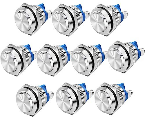 RUNCCI-YUN 10 Piezas 16mm Momentáneo Pulsador de Metal DC 3A 12V-36V Acero Inoxidable Impermeable Interruptor de Botón Redondo para Coche Lámpara Timbre (Cabezal Alto)(terminal de tornillo)