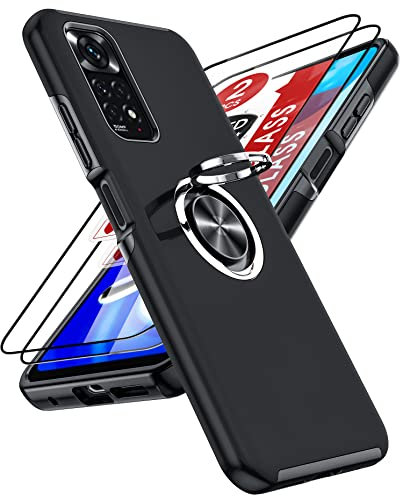 LeYi Hülle für Xiaomi Redmi Note 11/Note 11S 4G Kameraschutz Handyhülle & 2*Hartglas Folie, Hybrid Schutzhülle Militär Standard Stoßfest Case Handy Hüllen Cover mit Metall Ring Ständer Halter Schwarz