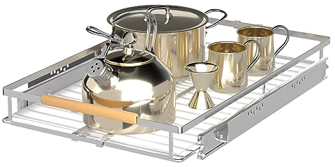 SOFRON Organizer espandibile per cassetti estraibili, resistente, per casa, cucina, dispensa, pentole, padelle, larghezza regolabile da 30,7 a 46,7 cm, in acciaio inossidabile, confezione da 1