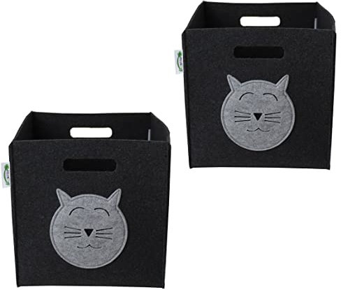 SILUK Filzkorb Korb Kinder Aufbewahrungsbox Spielzeugkiste für Kinderzimmer Spielzeug Faltbar (33x33x33) Aufbewahrung im Kallax Regal (Anthrazit, 2 x Katze)