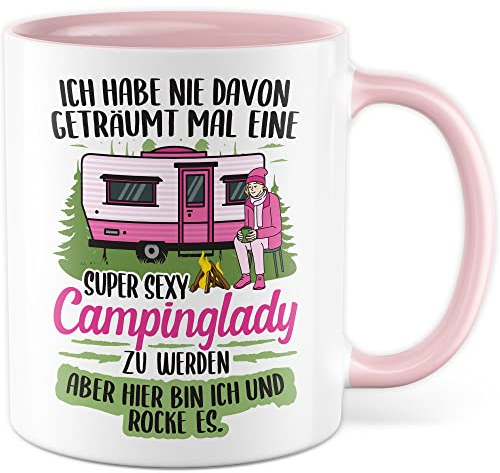 Pagma Druck Becher Tasse Wohnmobil Wohnwagen Kaffeetasse Camping Geschenk Camperin Kaffee-Becher Geschenkidee Outdoorfans Zelten Abenteuer Reisen Spruch Humor Witz sexy Campinglady (Weiß/Pink)