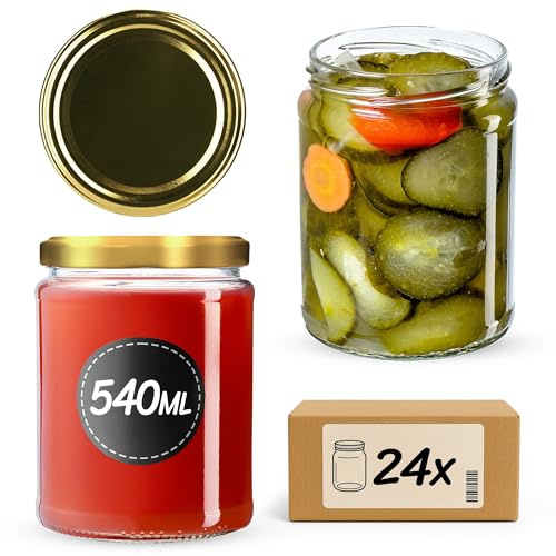 KADAX Konservengläser 540 ml, 24er Set, Rundgläser mit Schraubdeckel Motiv „Gold“ – Einmachgläser zum Einlegen, Einkochen oder Aufbewahren von Marmelade, Obst und Gemüse
