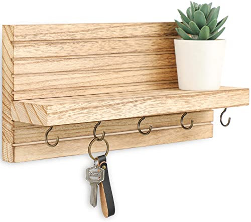 Decorative Key Holder for Wall with Shelf, Entryway Shelf with Hooks Holds Leashes, Jackets and Glasses – Sturdy Wood Keyholder Entrance Hanger with Mounting Hardware (11.8” x 5.5” x 3.1”) (Wood)