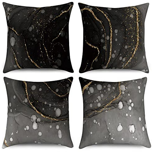 Kissenbezug Marmor 45x45 4er Set, Hnmdmyi Schwarz Grau Gold Abstrakt Marmor Textur Tinte Dekorative Kissenbezüge Aquarell Moderne Kunst Leinen Kissenhülle für Sofa Couch Bett Garten Outdoor Home Decor