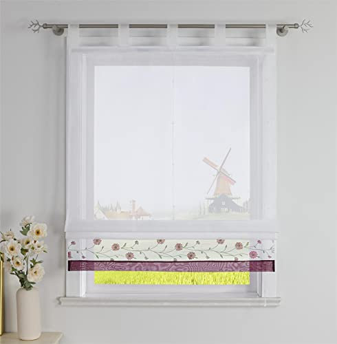 CORLIF Raffrollo mit Schlaufen Modern Raffgardine Küche Schlaufenrollo Leinenoptik mit Blumen Stickerei Transparente Rollo Landhaus Kurz Fenster Schal B/H 140/150 cm Violett
