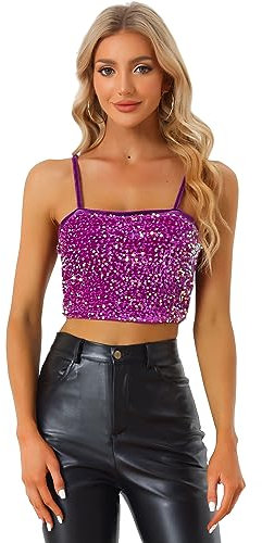Allegra K Damen Pailletten Oberteil Ärmellos Tanktop Spaghettiträger Glitzer Cami Party Crop Top Lila S