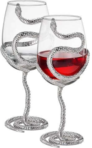 Weingläser mit Stiel, Schlangenmotiv, 2 Stück, 540 ml, 25,4 cm hoch, Gothic-Reptilienkelch, silberfarbenes Dekor, Skelett, inspiriertes Geschenk, Friedhof-Motto-Partys, saisonale Unterhaltung