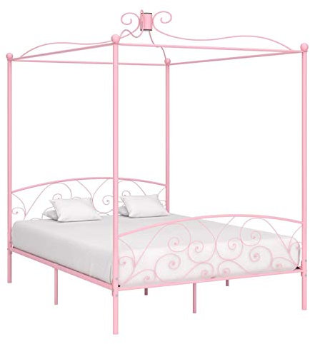 Homgoday Himmelbett aus Metall, Rosa, 160 x 200 cm, Bettgestell mit Rahmen, Rahmen, modernes Bett, Bettrahmen für Wohnzimmer, Schlafzimmer