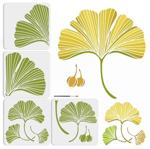 MAYJOYDIY 4 Stück Große Ginkgo-Blatt-Schablonen, 30 x 30 cm, Spleiß-Stil, Herbstblatt-Malvorlagen mit Pinsel, botanische Blätter, Wiederverwendbare Schablonen, Wandkunst, Heimdekoration