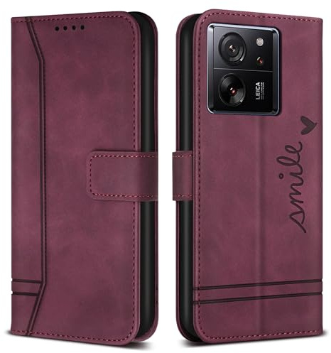 Bravoday Hülle für Xiaomi MI 13T Pro/Xiaomi MI 13T, PU Ledertasche Handyhülle Flip Schutzhülle Kompatibel mit Xiaomi MI 13T Pro/Xiaomi MI 13T, mit Kartenfäch & Kickstand, Weinrot