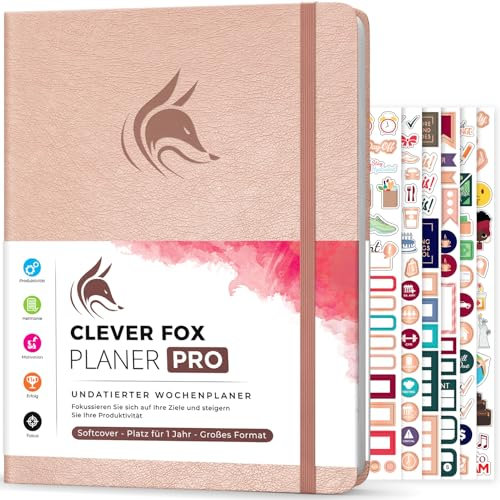 Clever Fox Planner PRO - Wöchentlicher und monatlicher Lebensplaner für mehr Produktivität, Zeitmanagement – Organizer - undatiert 1 Jahr - Softcover, 21.5 x 28cm (Roségold)