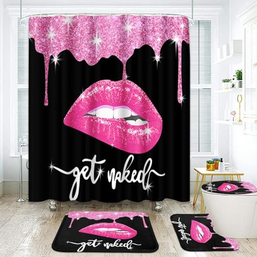 Arttown Schwarze Badezimmer-Sets mit Duschvorhang und Teppichen und Zubehör, glitzernde Diamant-Duschvorhang-Sets, Lippen-Duschvorhänge für Badezimmer, Schwarz und Rosa, Badezimmer-Dekor, 4 Stück