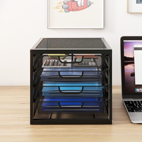PUNCIA Mesh File Organiser Box 4 Sliding Drawers Desktop Paperwork Organiser Office Supplies and Accessories Stationery Storage A4 Paper File Binder Letter Tray Metal Filing Box for Home Office Black