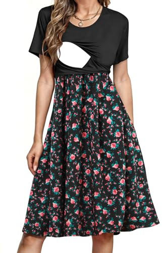PARNIXS Women's Nursing Dress Summer Short Sleeve Patchwork Pregnancy Clothes with Pockets,L