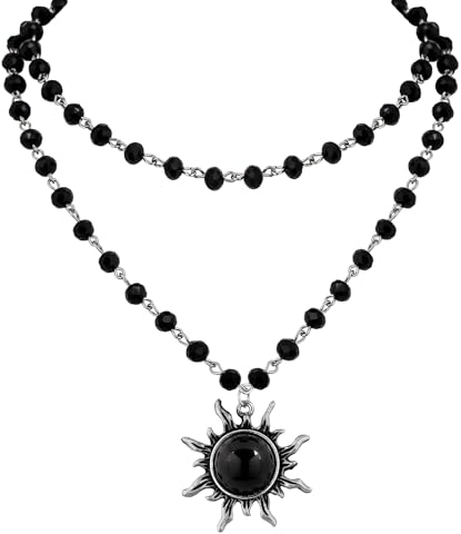 Lilbitty Gotische Boho Sonne Mond Stern Halskette, schwarze Perlenkette, Gothic Halskette, Goth Halskette, Boho Halskette, Modeschmuck, Weihnachts Geschenk für Frauen