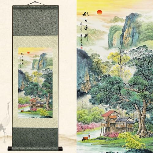 Newscz Asiatische Wandkunst für Schlafzimmer & Küche – Seidenrolle Landschaftsgemälde – 91,4 x 30,5 cm