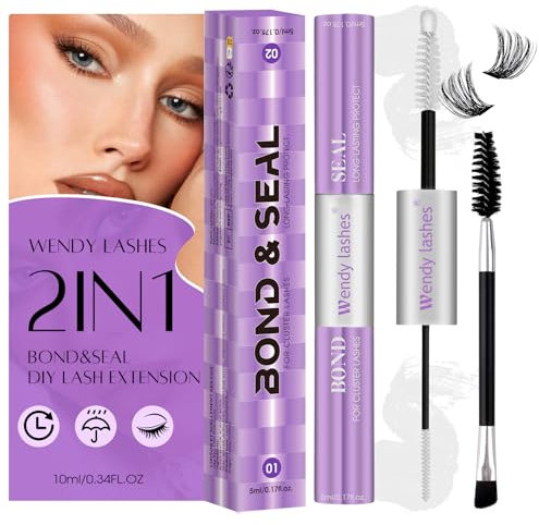 Lash Bond and Seal Cluster Lashes Glue 2 IN 1 for Cluster Eyelash Extensions Clear Lash Bond Waterproof Mascara Wand Strong Hold 48-72 Hours Eyelash Cluster Glue