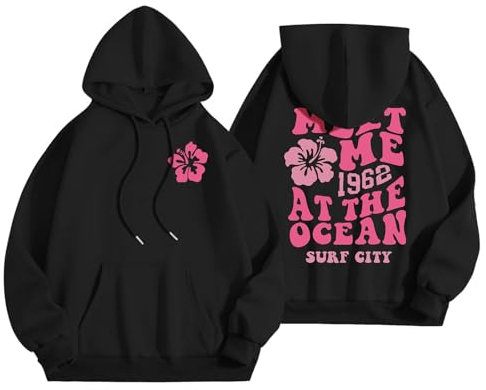 Pink Palm Puff Sweat à capuche pour femme avec imprimé arrière Sweat à capuche décontracté Vêtements Preppy Clothes Sweat à capuche surdimensionné Haut à manches longues Pull d'extérieur à manches