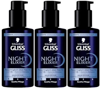 Gliss Night Elixier Aqua Revive (3x 100 ml), Haarserum versorgt normales bis trockenes Haar im Schlaf mit Feuchtigkeit, Haarpflege repariert das Haar langanhaltend