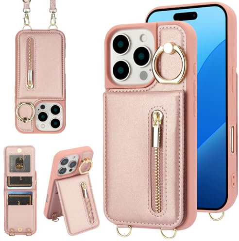 Jcxtrombulous Crossbody Wallet Case for iPhone 16 Pro Max with Lanyard Strap Card Slot Holder [RFID Blocking] 360° Kickstand,Magnetic Flip Folio Zipper Purse Case, PU Leather Cover Handbag,Rose Gold