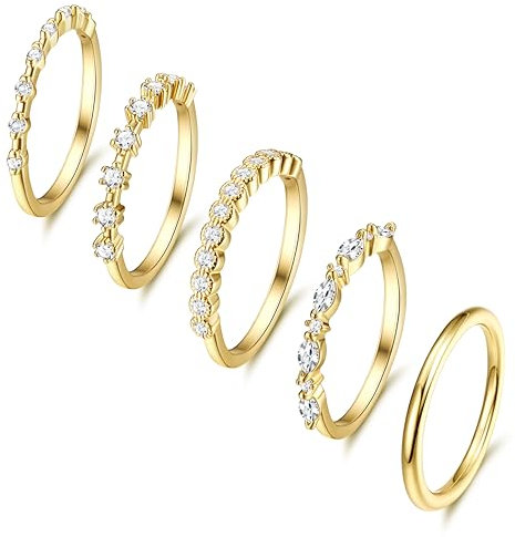 Dochais 5 Stück Gold Ring Damen, Stapelbare Ringe Wasserfest, 14K Goldene Vergoldete Zirkonia Diamant Ring Frauen, Knöchelringe Daumenring Fingerring Statement Ring Set Schmuck Geschenke, Größe 49-62