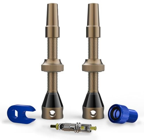 Shredr. Tubeless Ventile Set | Presta Ventile für Schlauchlos-Reifen | Superleichtes Alu, bunt eloxiert, französisches Ventil | inkl. Ventil-Adapter, Ersatz-Ventil und Werkzeug. (Bronze, 44mm)