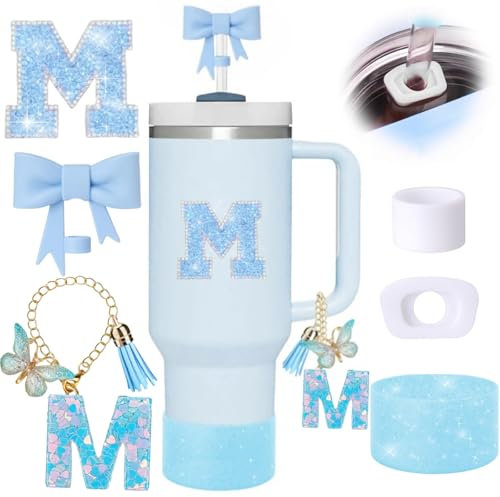 6pcs Blue Stanley Cup Accessories Set, Bow Straw Topper for Stanley Cup 30oz 40oz, Including Straw Topper and Sparkly Silicone Boot, Stoppers Spill Proof, Handle Charm, Initials Sticker